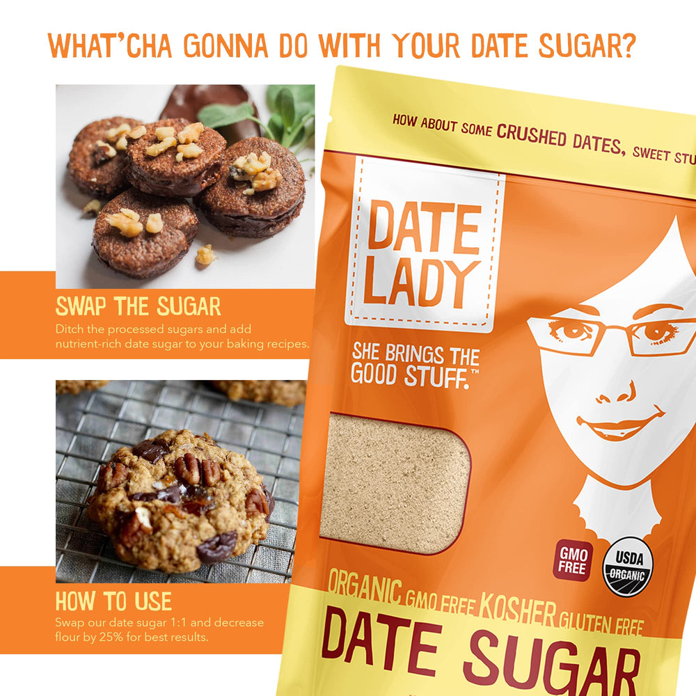 Date Lady Date Sugar with scoop shows natural sweetness without added flavors.