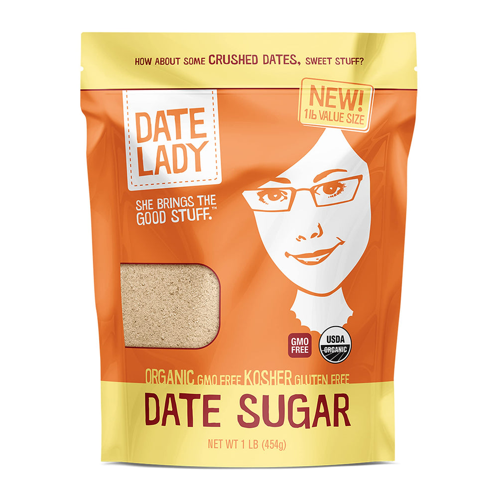 Date Lady Organic Date Sugar bottle with a versatile sweetener for baking.