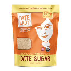 Date Lady Organic Date Sugar bottle with a versatile sweetener for baking.