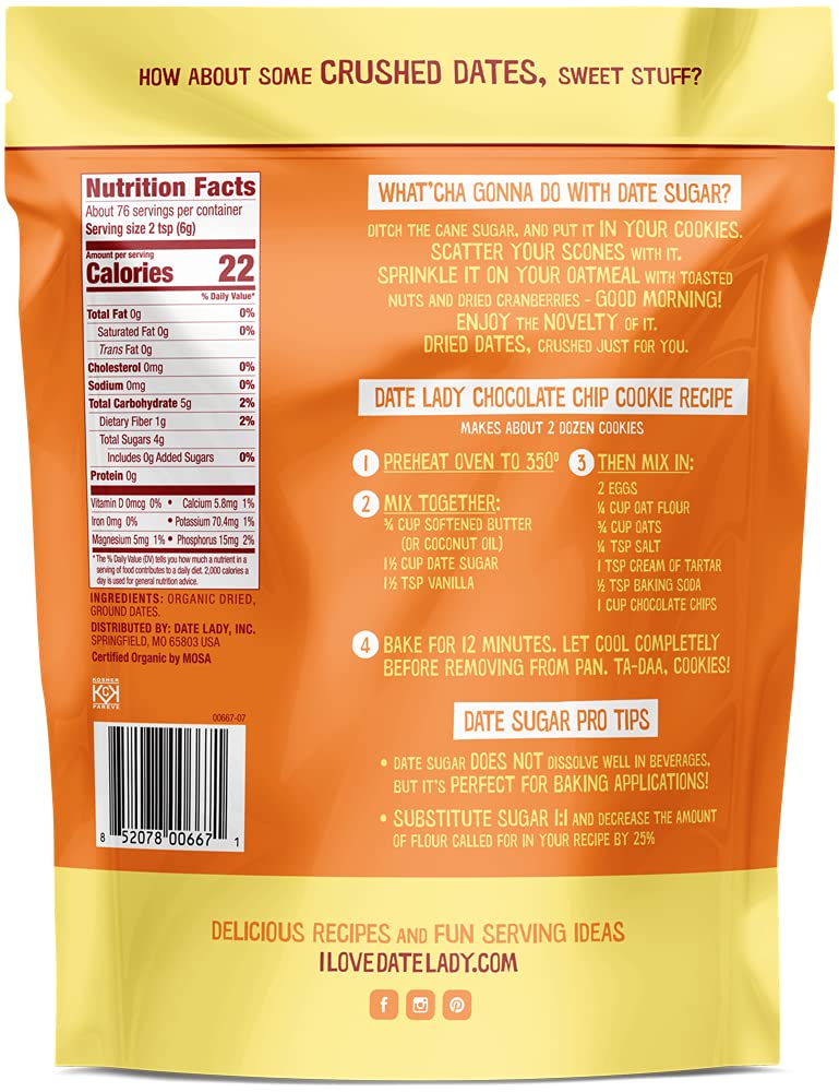 Date Lady Organic Date Sugar pack ready for gluten-free and kosher-friendly desserts.
