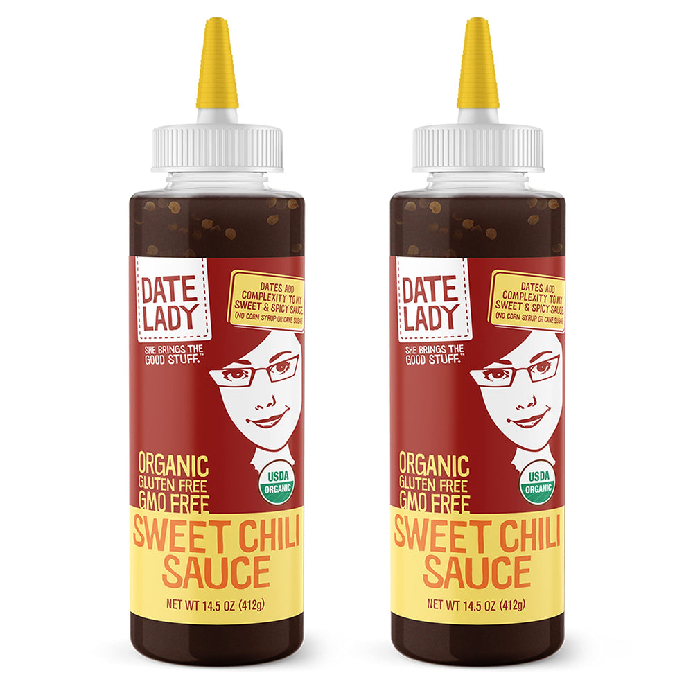Date Lady Organic Sweet Chili Sauce bottle front, perfect for versatile stir-fries.