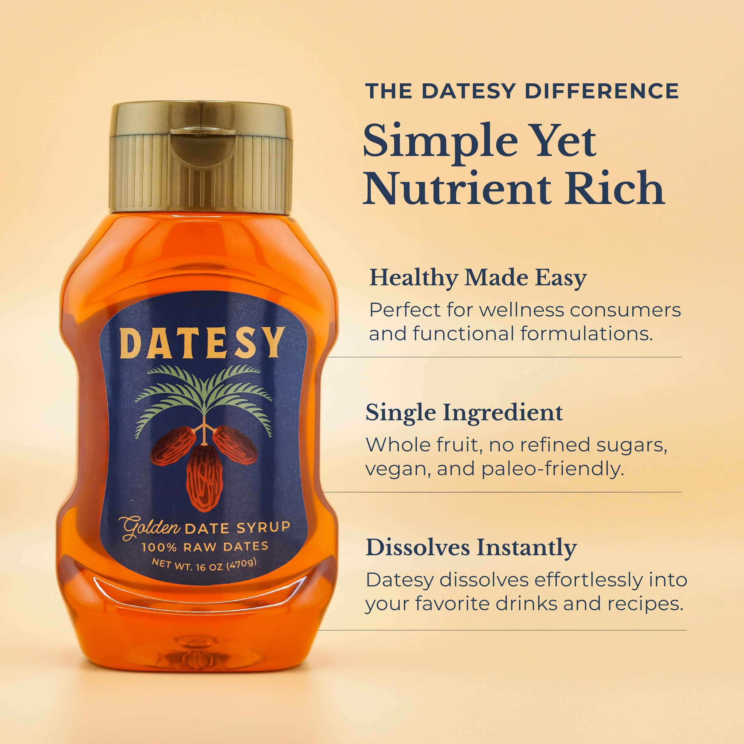 Datesy instant-dissolve syrup for tea, evenly blends.