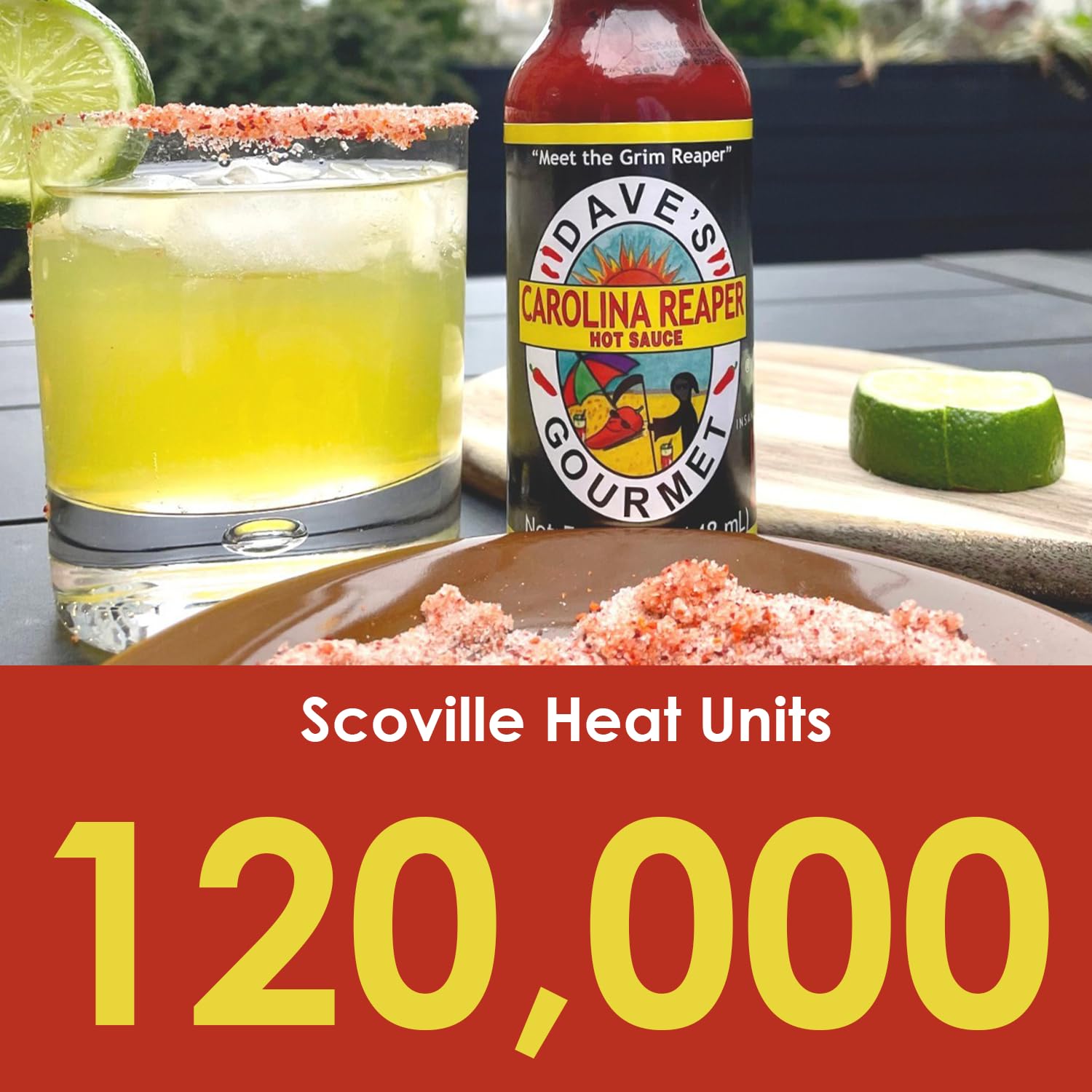 Dave's Gourmet Carolina Reaper Hot Sauce bottle brightens dips with spice.