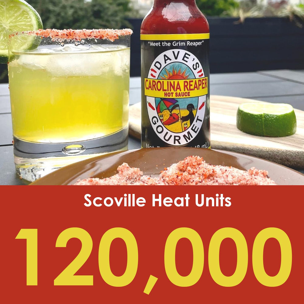 Dave's Gourmet Carolina Reaper Hot Sauce bottle brightens dips with spice.