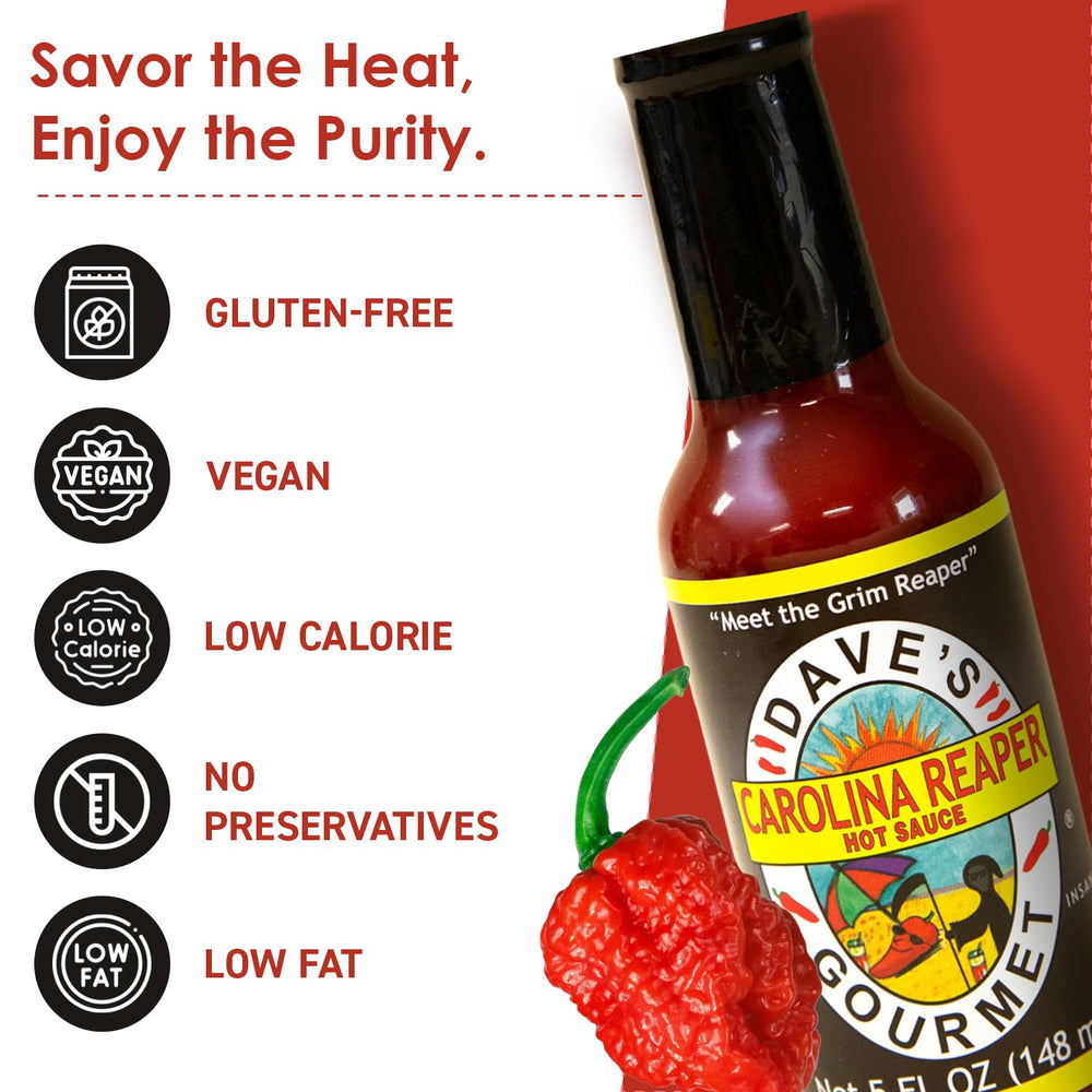 Dave's Gourmet Carolina Reaper Hot Sauce bottle spices up tacos with intense flavor.