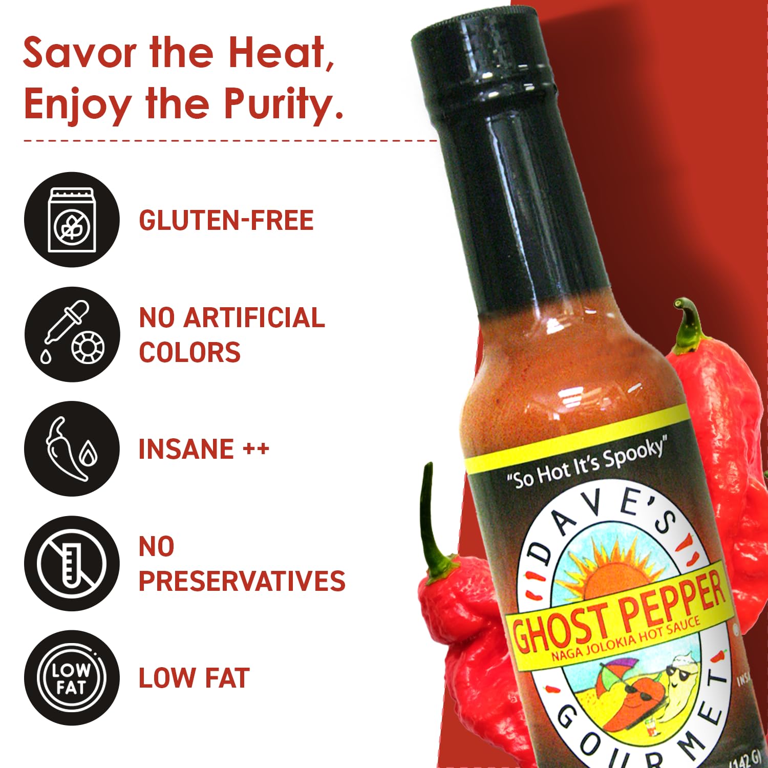 Close-up of Dave's Gourmet Ghost Pepper label highlighting authentic heat