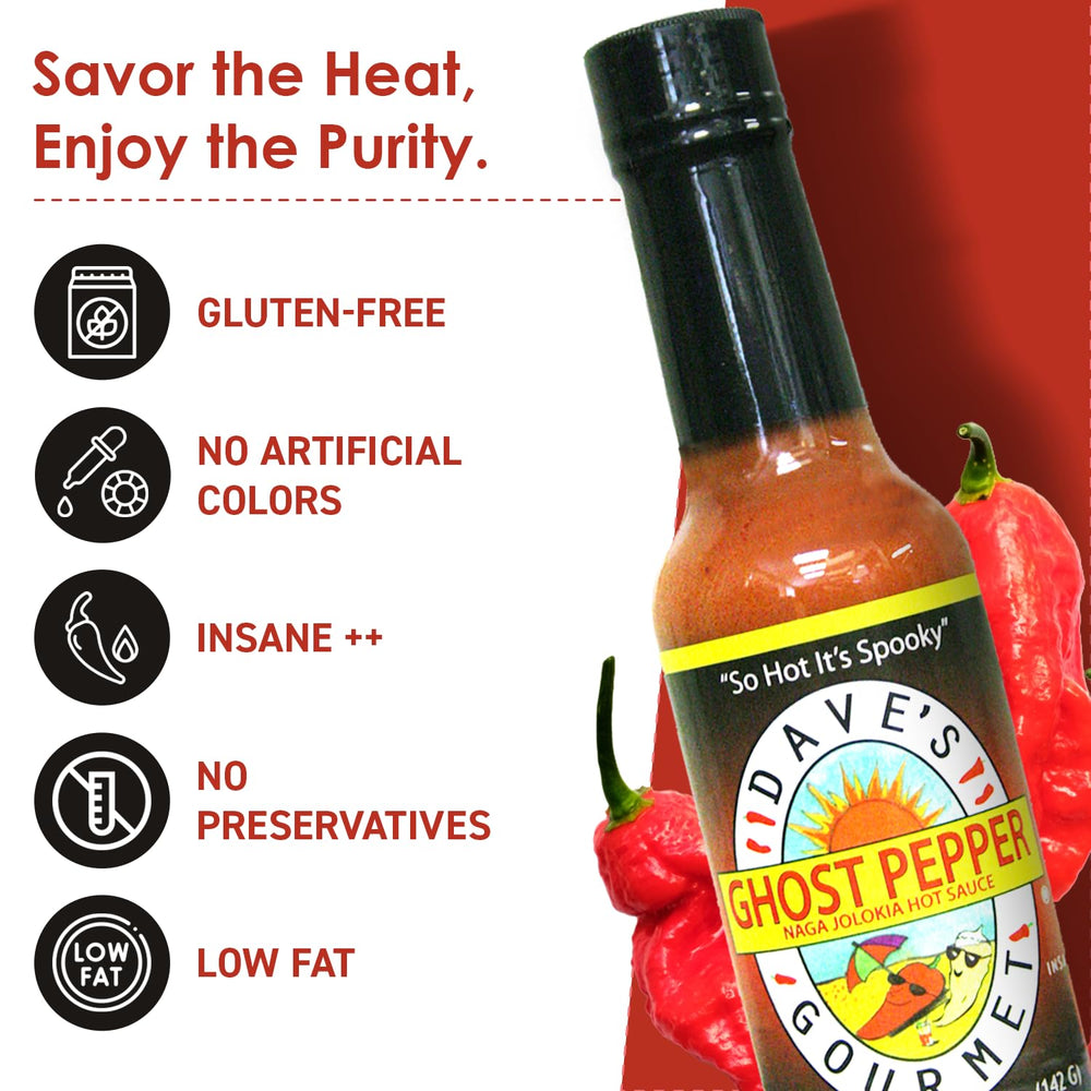 Close-up of Dave's Gourmet Ghost Pepper label highlighting authentic heat