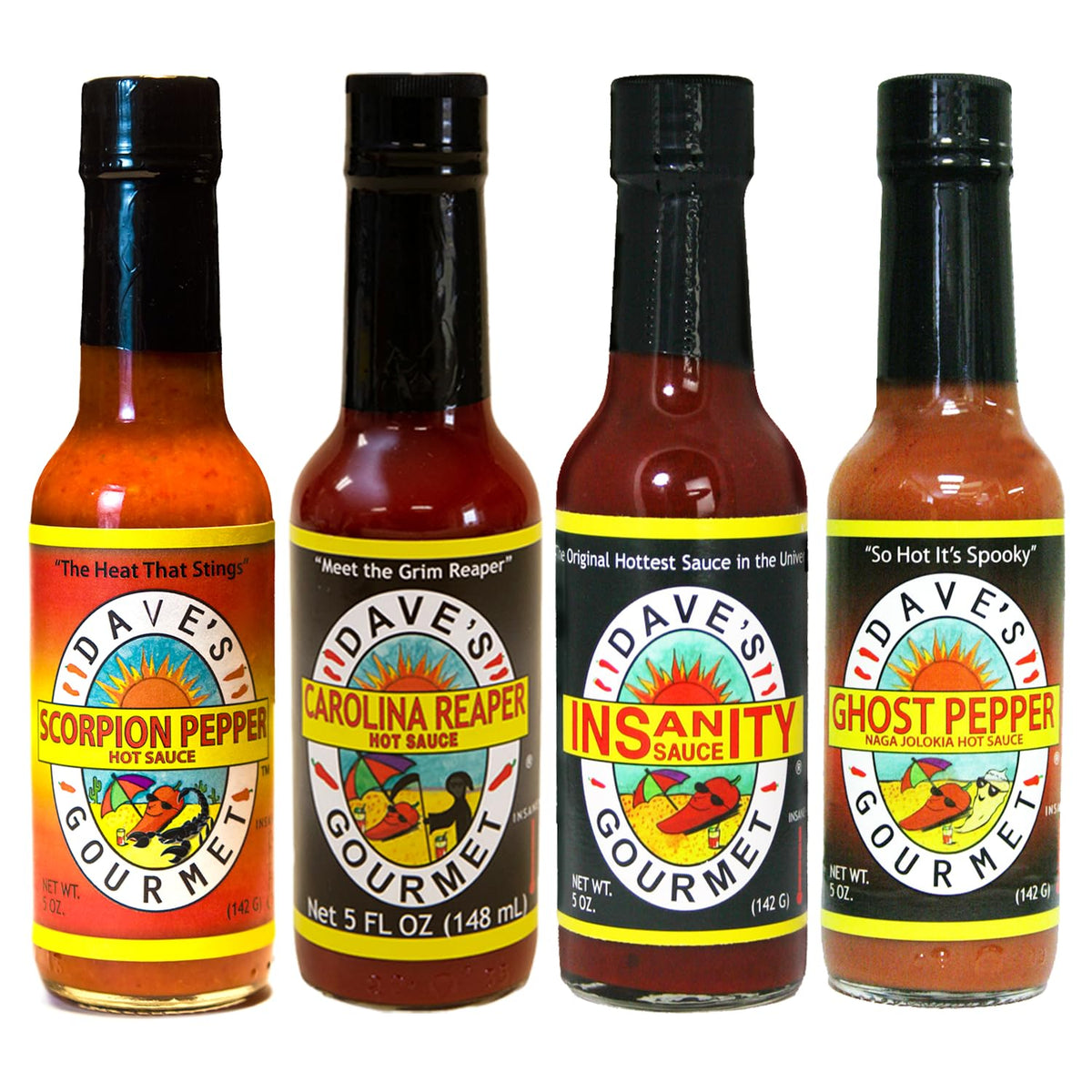 Dave’s Gourmet Insanity 4-pack label showcasing four hot sauces for bold cooking