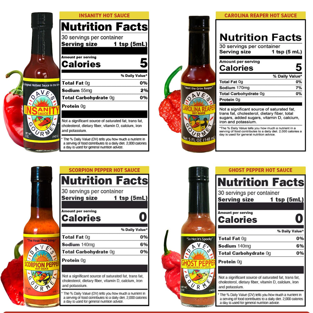 Dave’s Gourmet Insanity Carolina Reaper bottle emphasizing extreme heat for daring meals