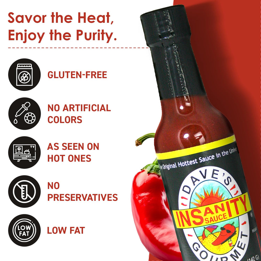 Dave’s Gourmet Insanity Ghost Pepper bottle highlighting layered heat and fruit notes