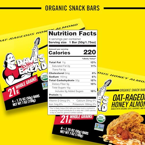 Close-up of ingredients for Dave's Killer Bread Oat-Rageous Honey Almond bar highlighting oats, almonds, and honey