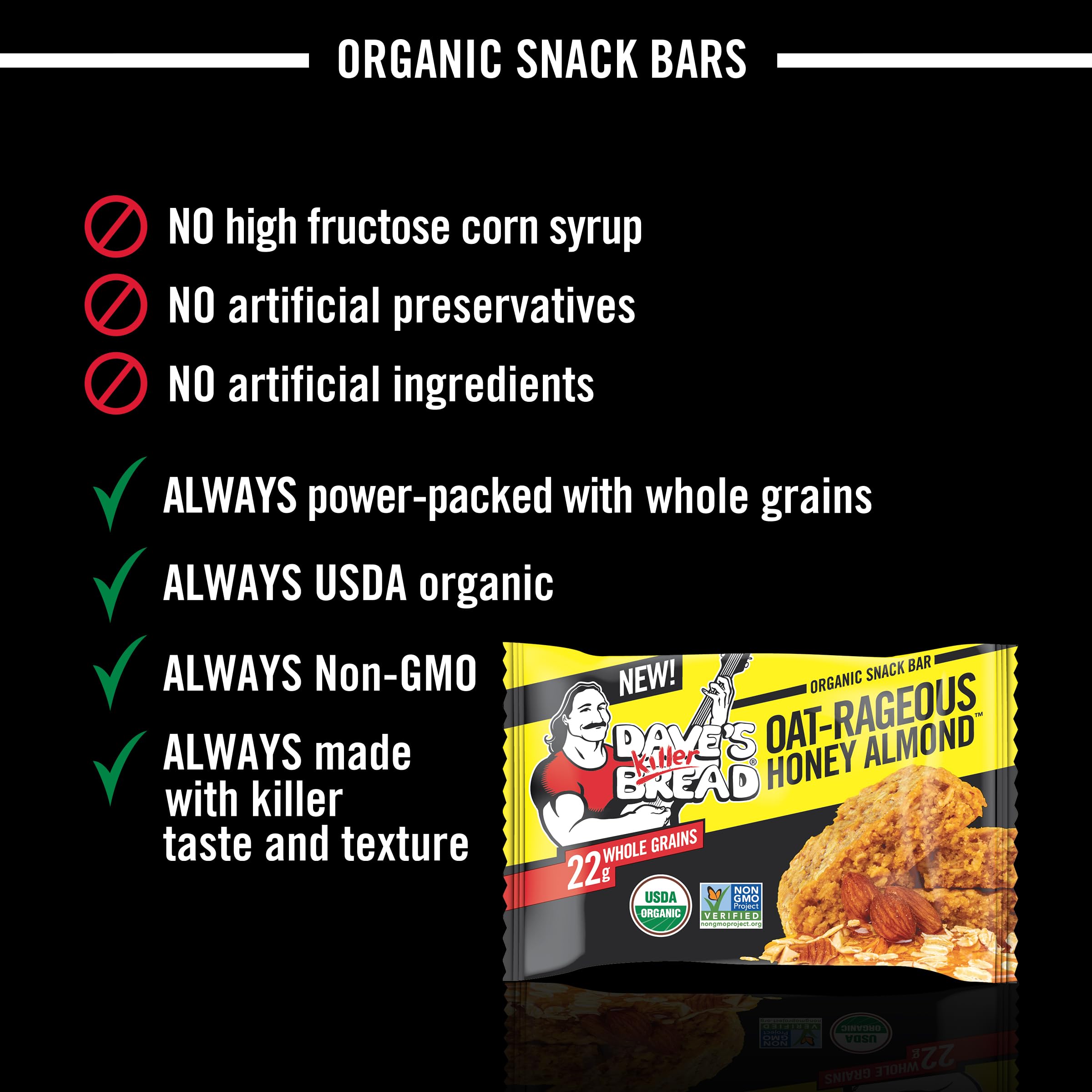Nutrition and certification seals on Dave's Killer Bread Oat-Rageous bar