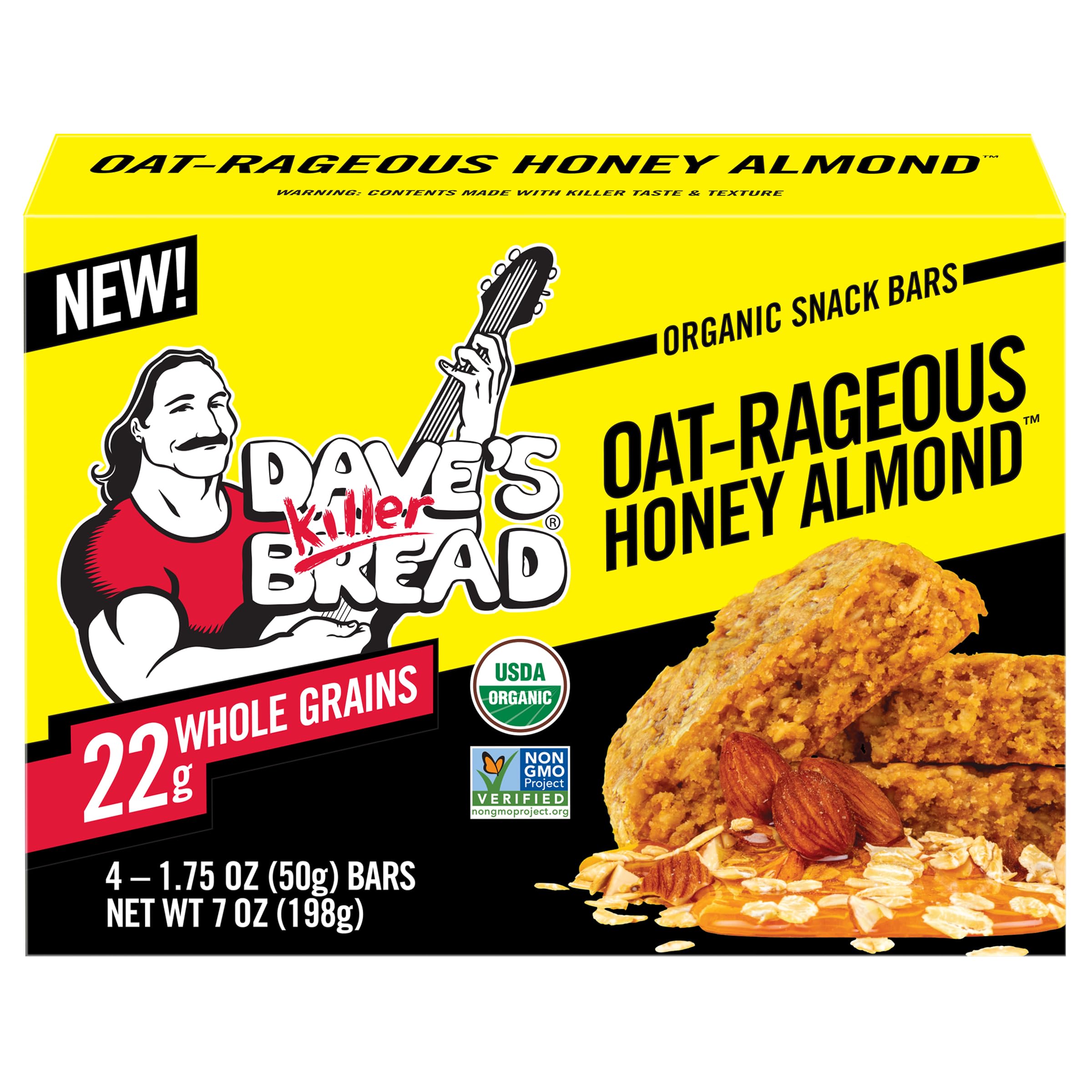 Dave's Killer Bread Oat-Rageous Honey Almond packaging shows a 4-pack for on-the-go snacking