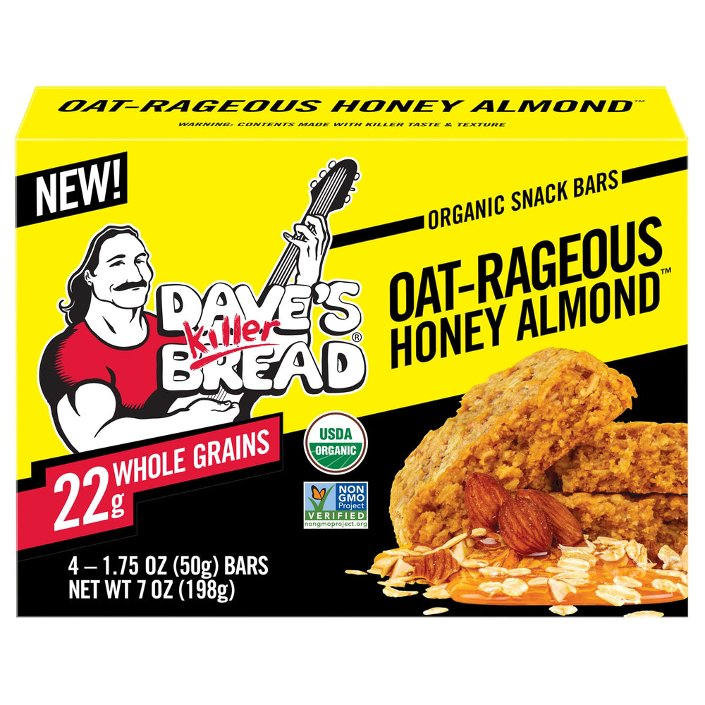 Dave's Killer Bread Oat-Rageous Honey Almond packaging shows a 4-pack for on-the-go snacking