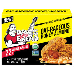 Dave's Killer Bread Oat-Rageous Honey Almond packaging shows a 4-pack for on-the-go snacking
