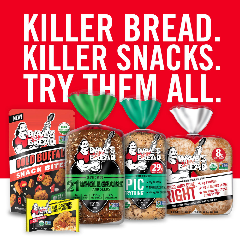 Nutrition-forward view showing 21g whole grains per bar on Dave's bar