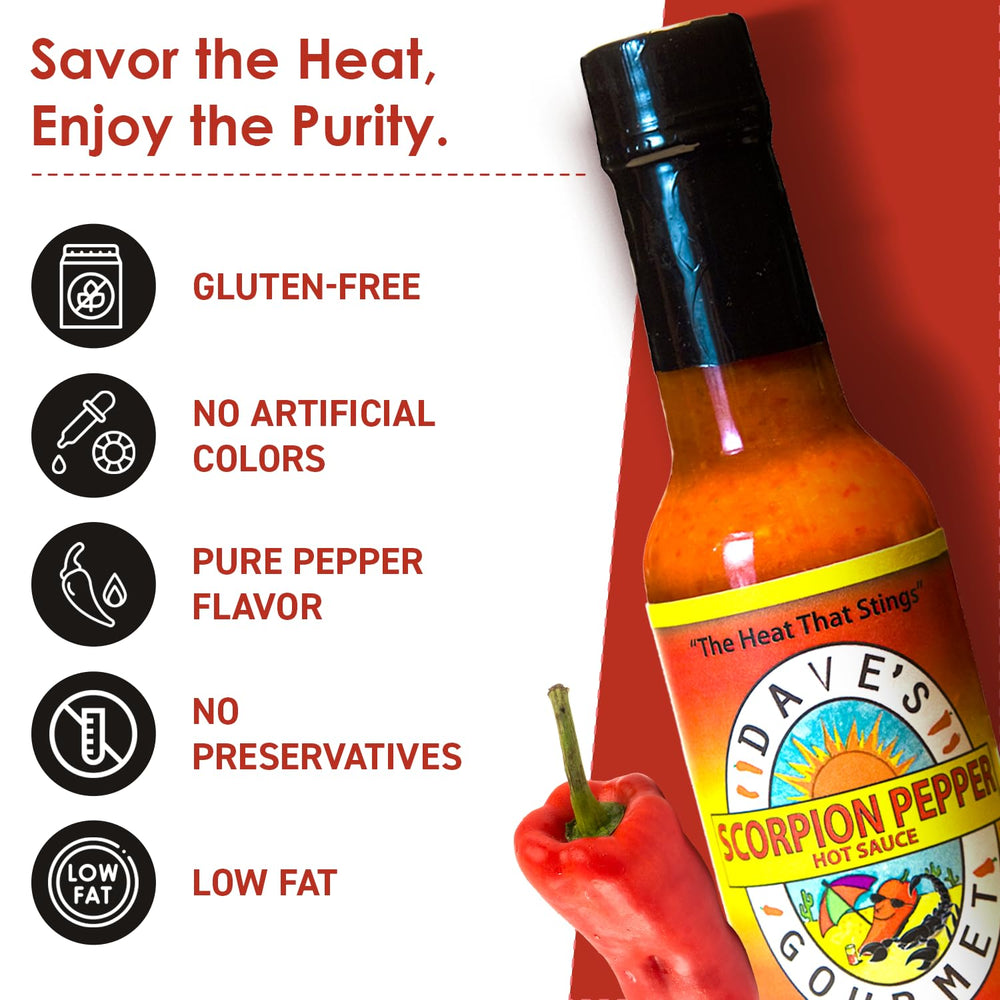 Dave's Gourmet hot sauce being poured on a burger for intense flavor