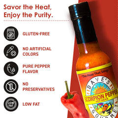 Dave's Gourmet hot sauce being poured on a burger for intense flavor