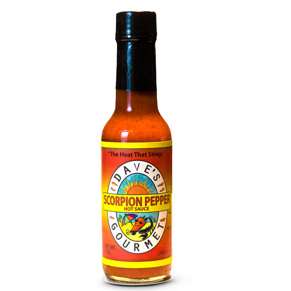 Dave's Gourmet Scorpion Pepper Hot Sauce bottle ready to spice burgers with bold heat