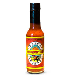 Dave's Gourmet Scorpion Pepper Hot Sauce bottle ready to spice burgers with bold heat