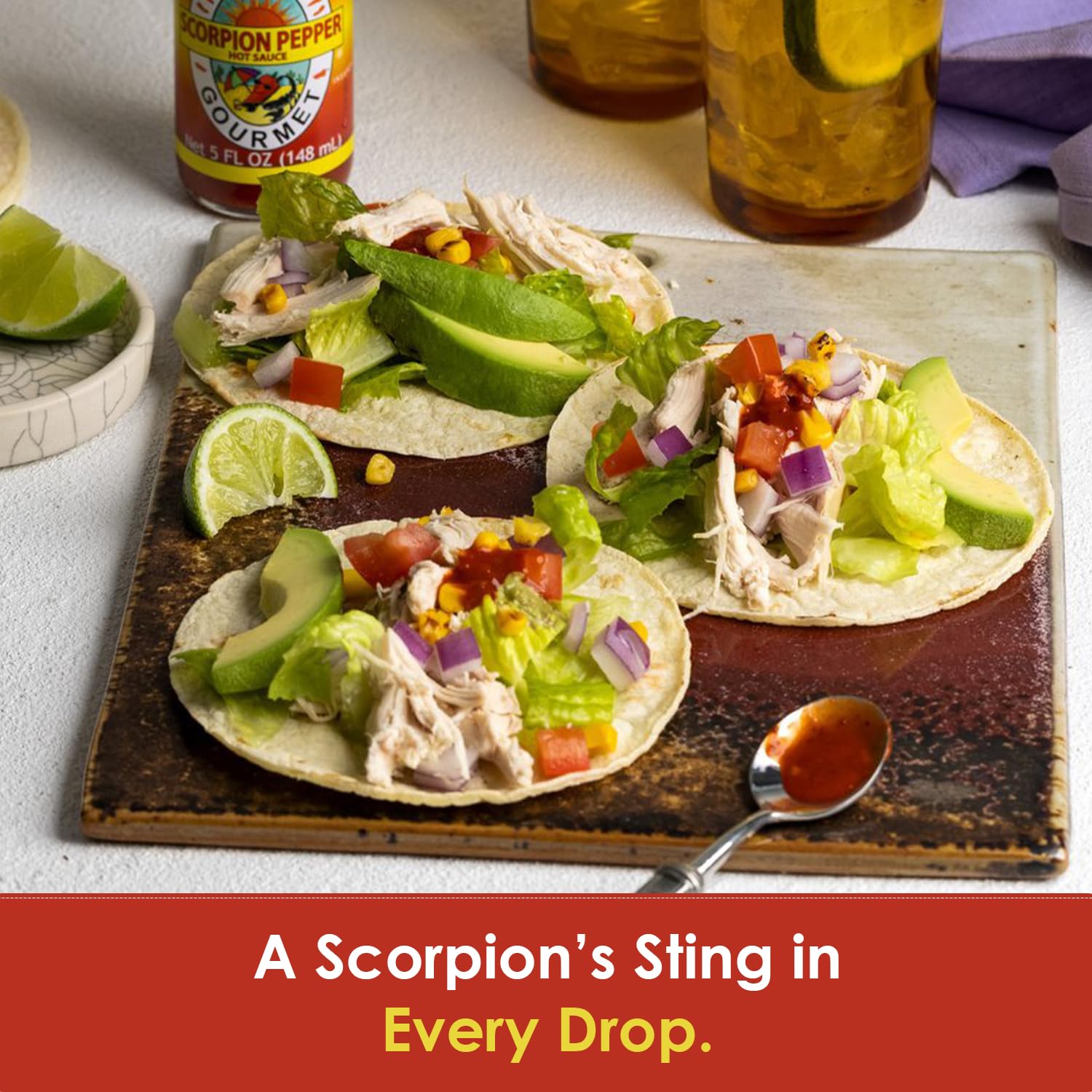 Dave's Gourmet Scorpion Pepper bottle on tacos for controlled heat