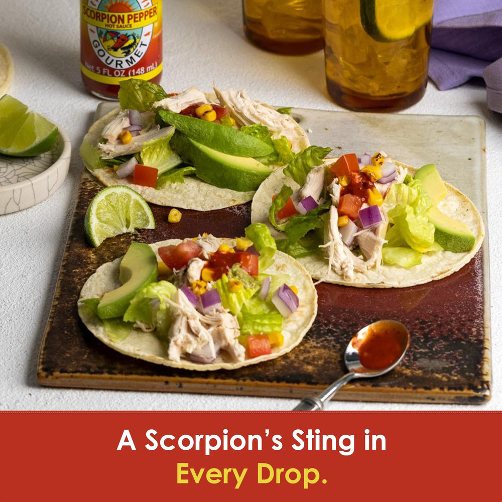 Dave's Gourmet Scorpion Pepper bottle on tacos for controlled heat