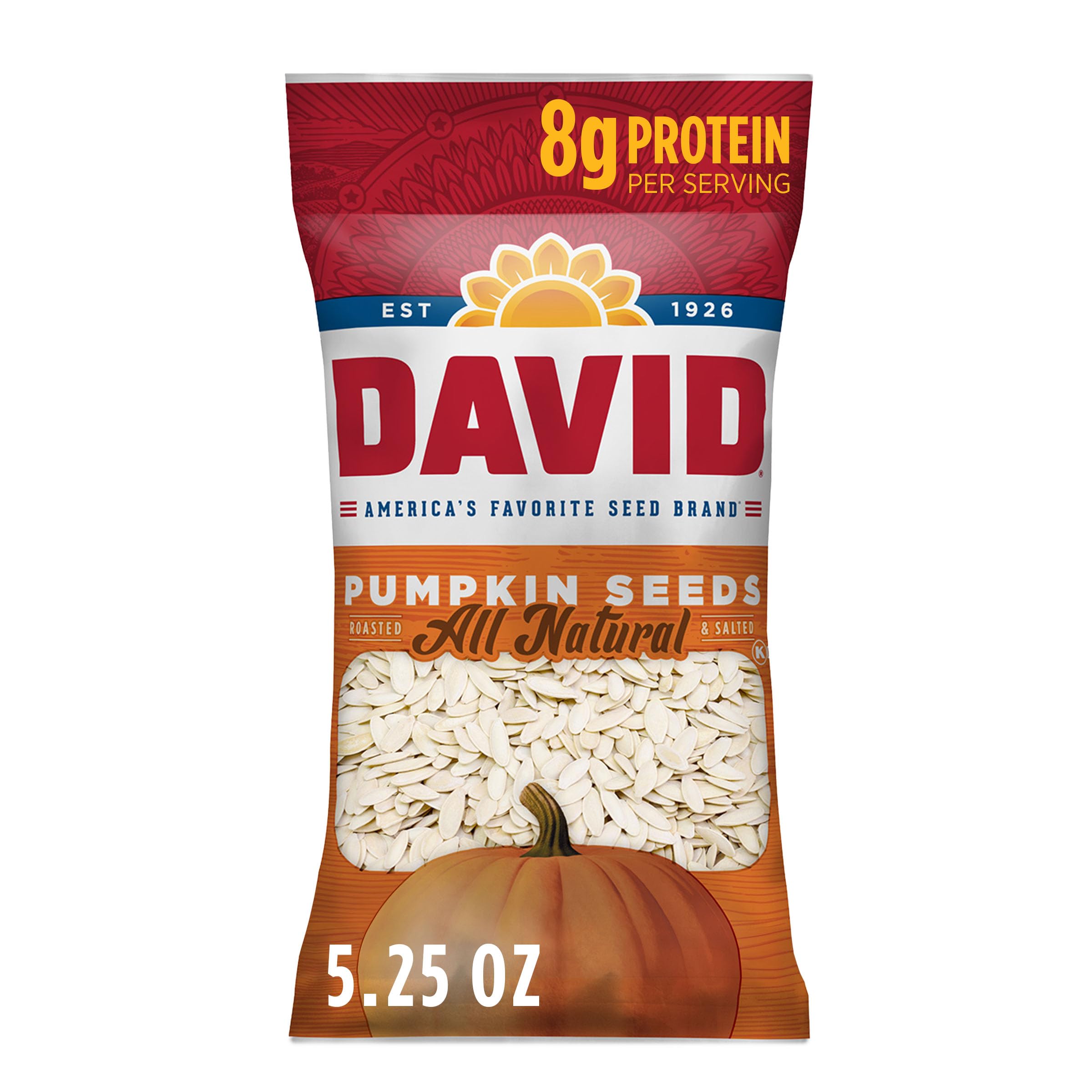 DAVID All Natural pumpkin seeds pack with twelve 2.25 oz bags for versatile snacking.