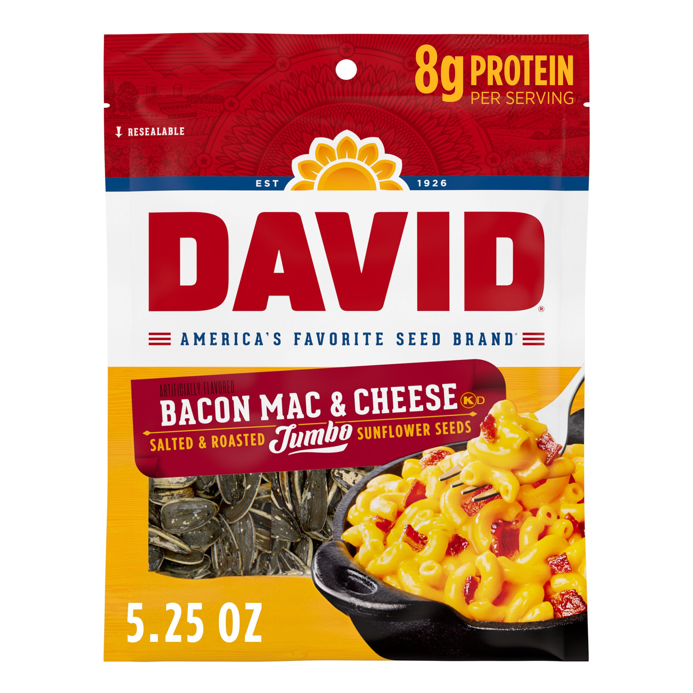 David Bacon Mac and Cheese jumbo sunflower seeds pack front, ideal for on-the-go snacking