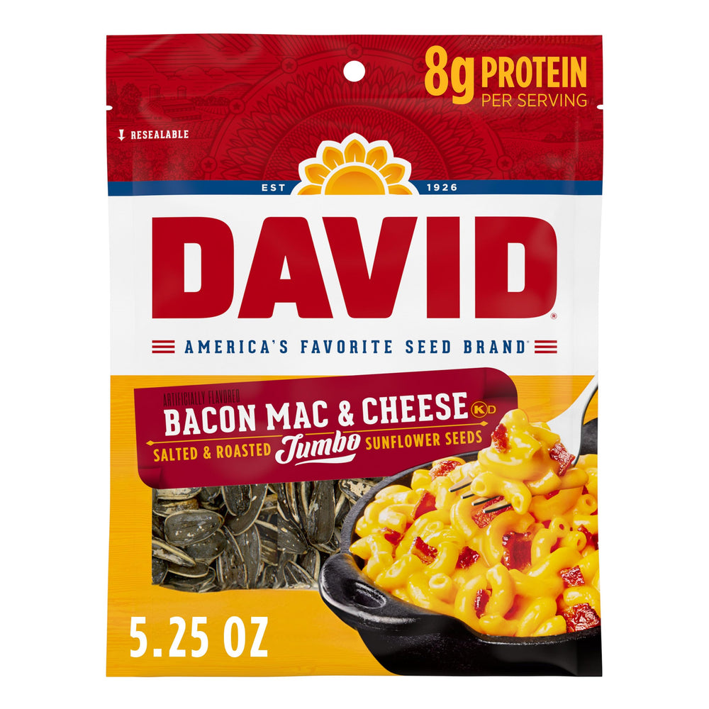 David Bacon Mac and Cheese jumbo sunflower seeds pack front, ideal for on-the-go snacking