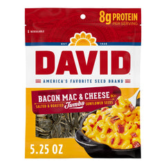 David Bacon Mac and Cheese jumbo sunflower seeds pack front, ideal for on-the-go snacking