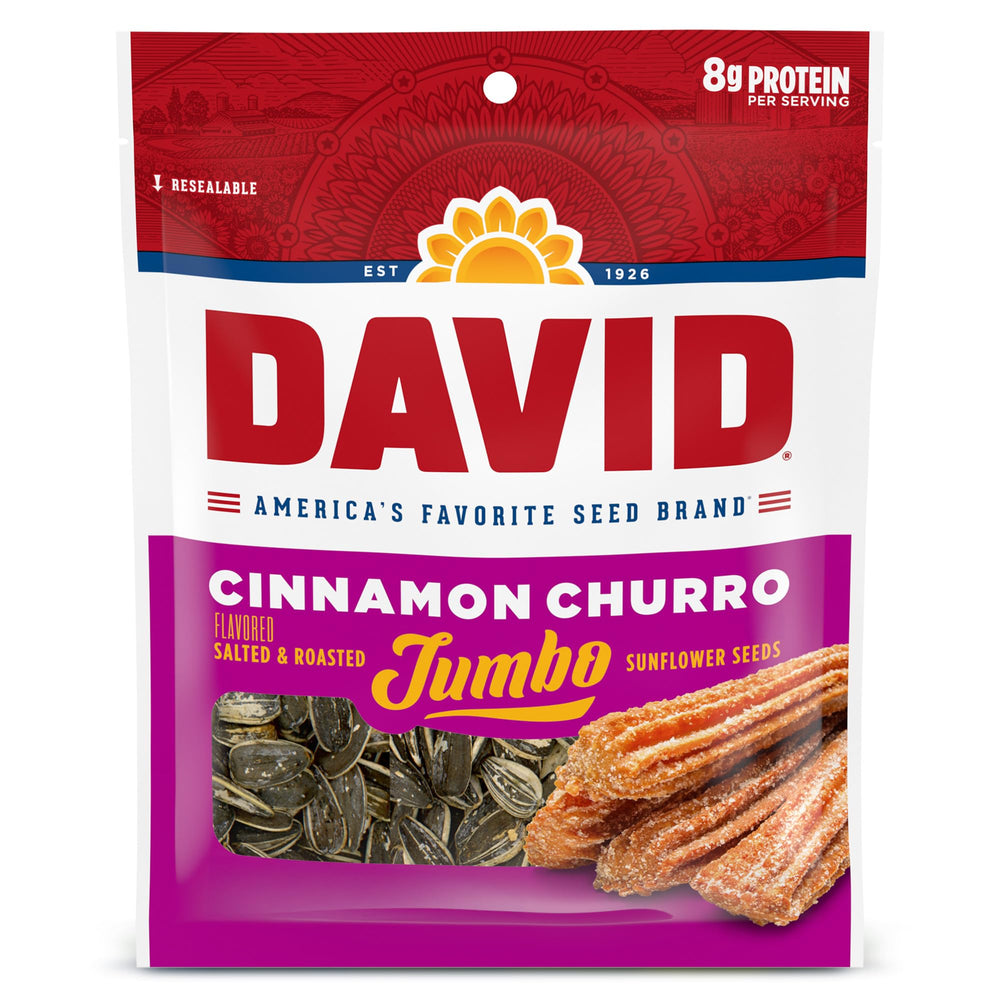 DAVID Cinnamon Churro jumbo sunflower seeds in 5.25 oz bags for sharing