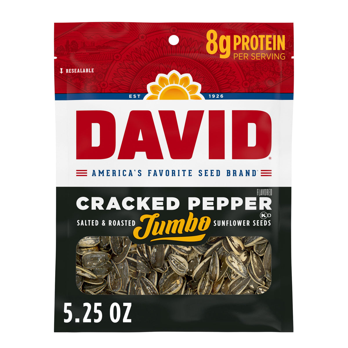 DAVID cracked pepper jumbo sunflower seeds pack for group and solo snacking.