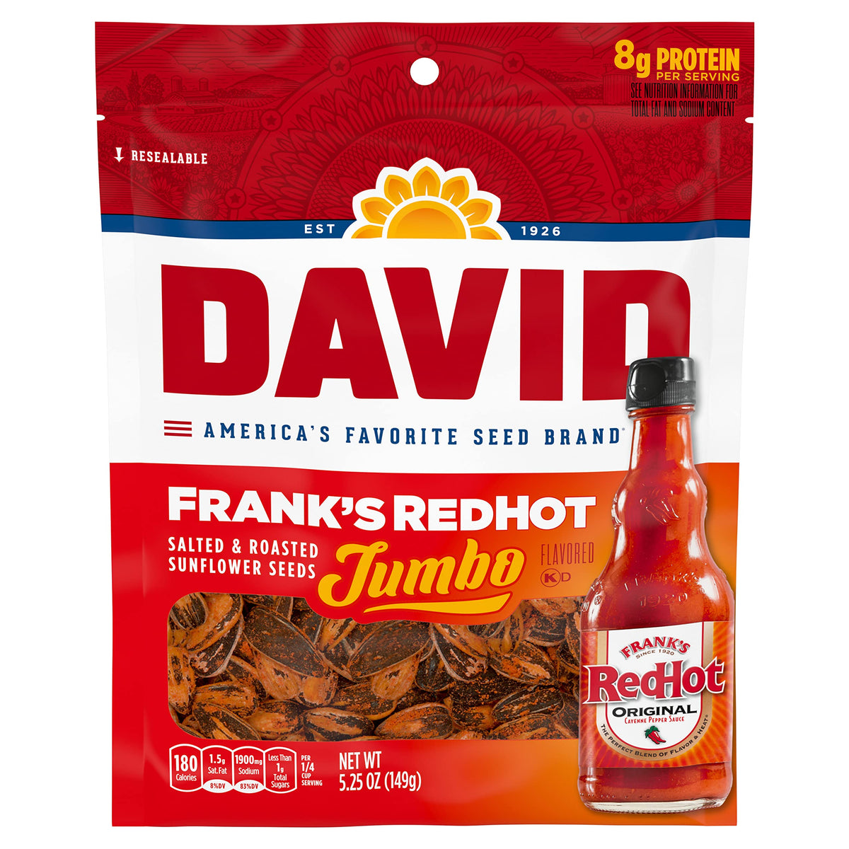 DAVID Frank's RedHot seeds in bag front for on-the-go snacking.