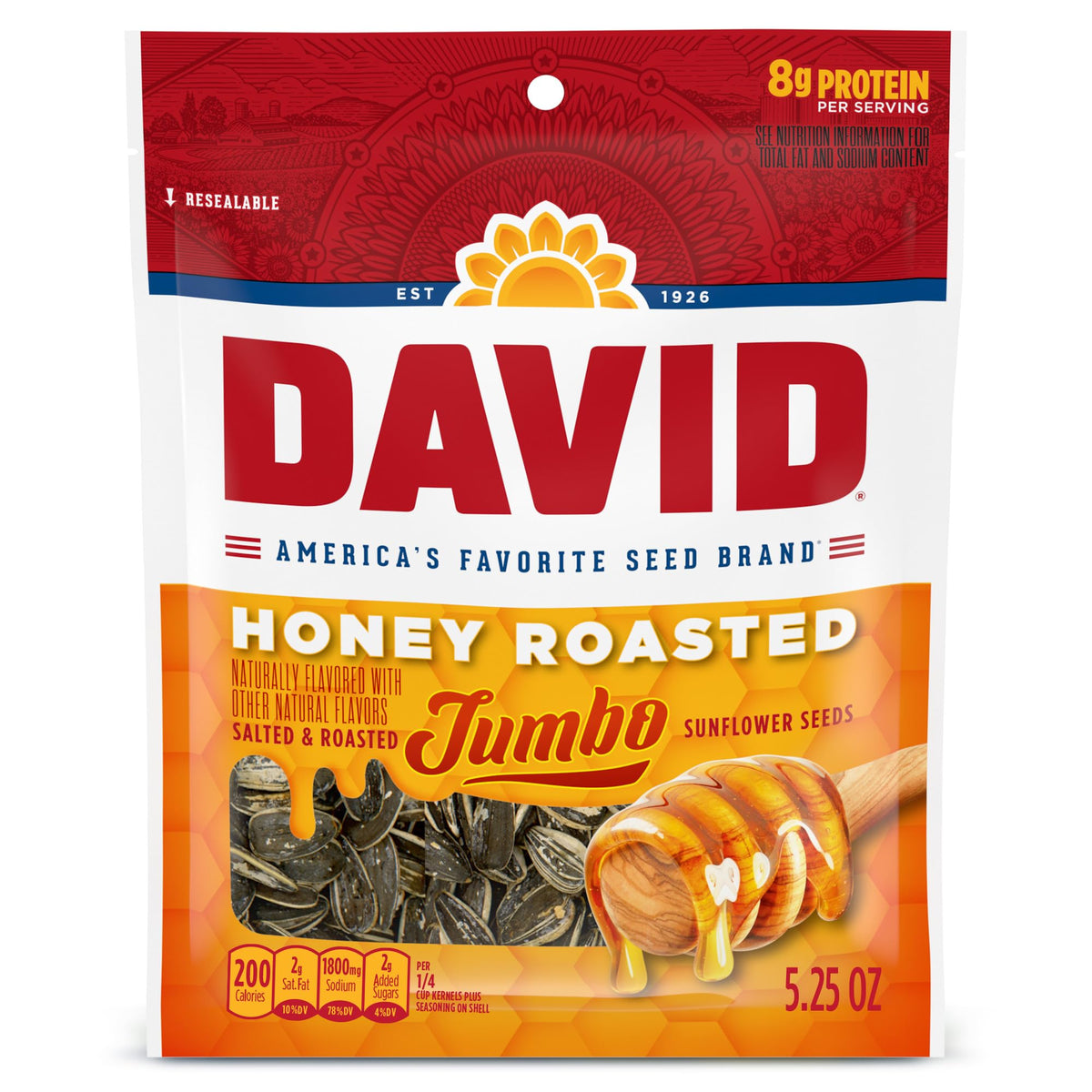 DAVID Honey Roasted Sunflower Seeds bag front showing convenient packaging