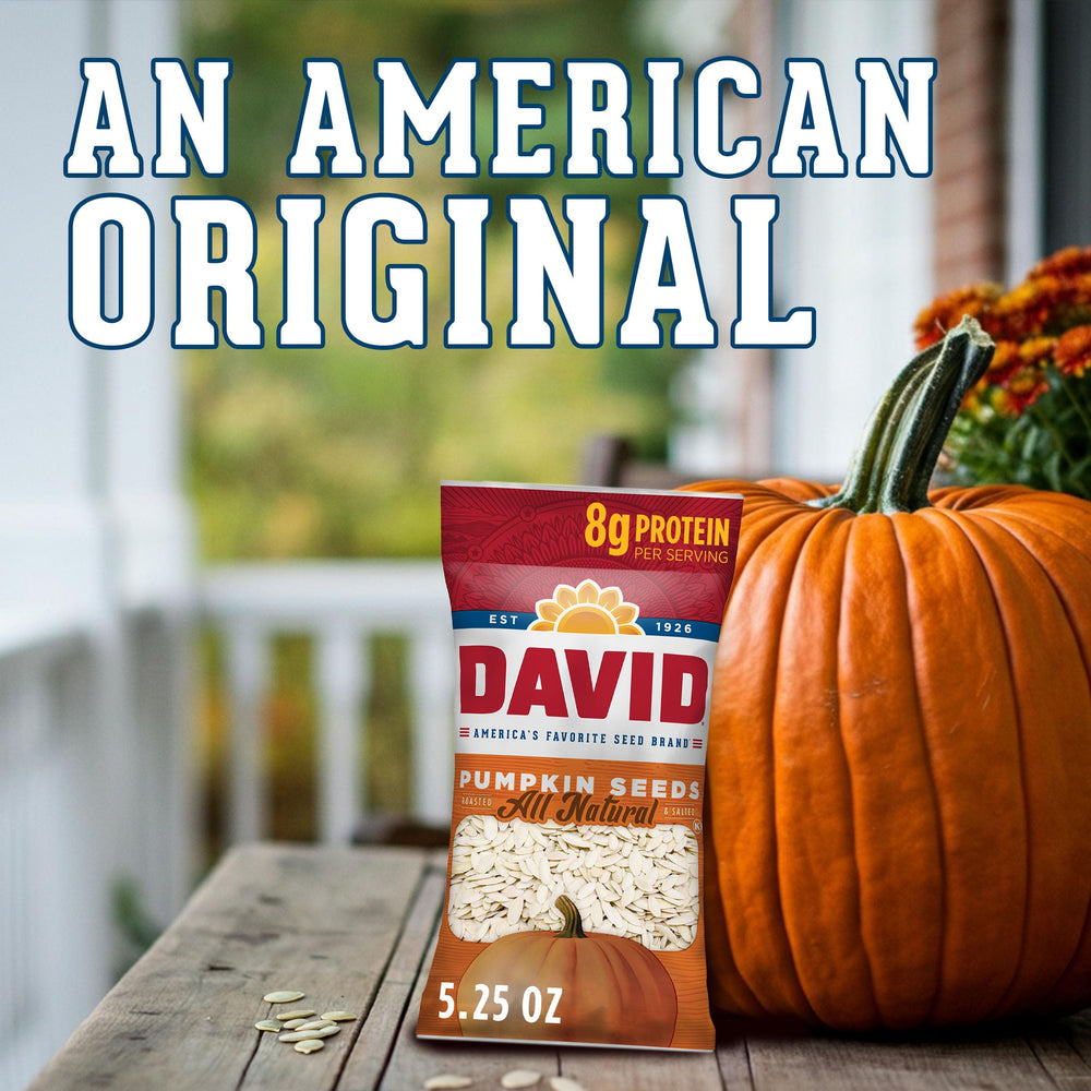 Shelf display of DAVID All Natural pumpkin seeds multi-pack.