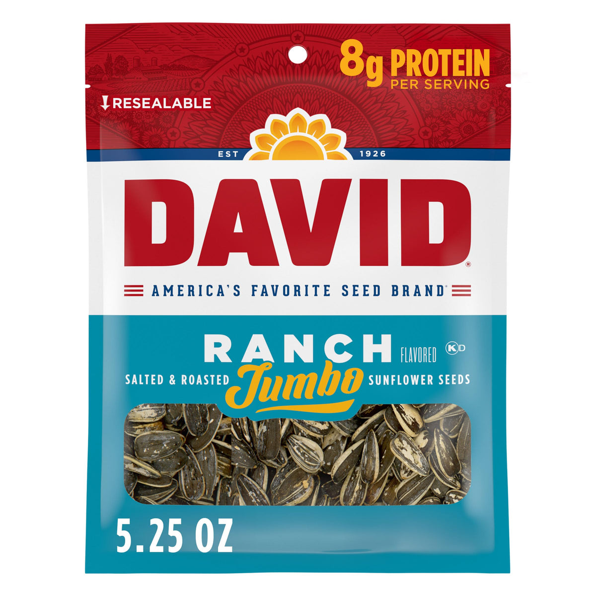 DAVID Ranch Jumbo Seeds bag front for convenient on-the-go snacking