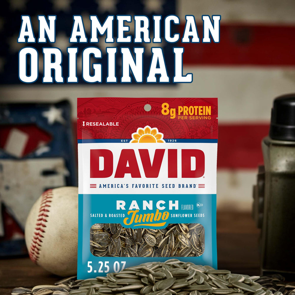 DAVID Ranch Jumbo Seeds nutrition panel highlights calories and protein