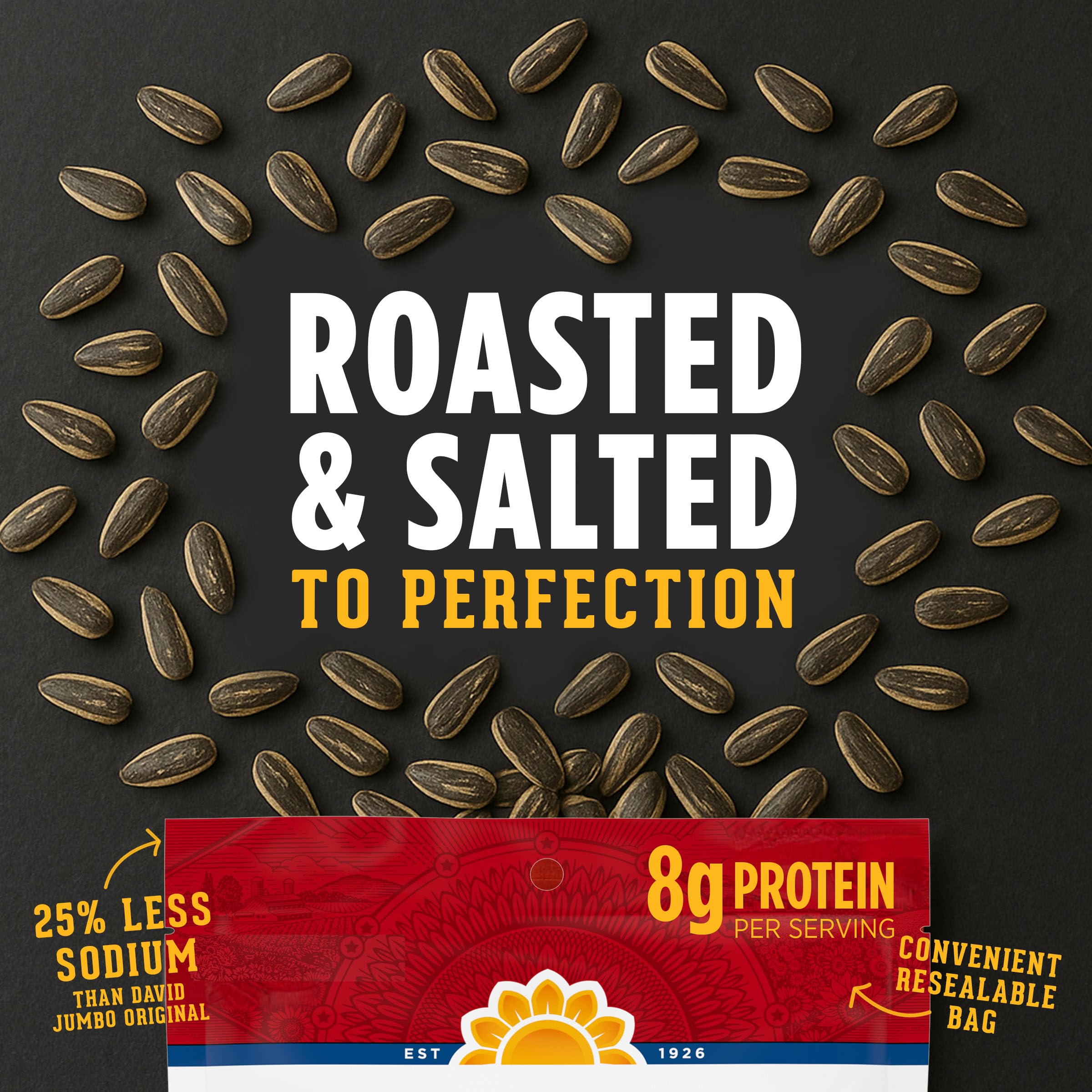 Seven servings per bag of DAVID Reduced Sodium Jumbo seeds