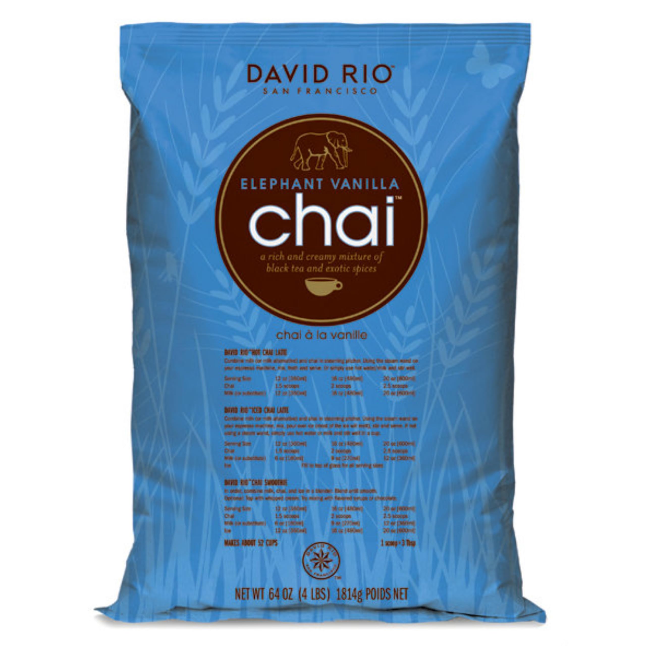 David Rio Elephant Vanilla Chai bottle-front, dairy-free blend ideal for hot or iced beverages.