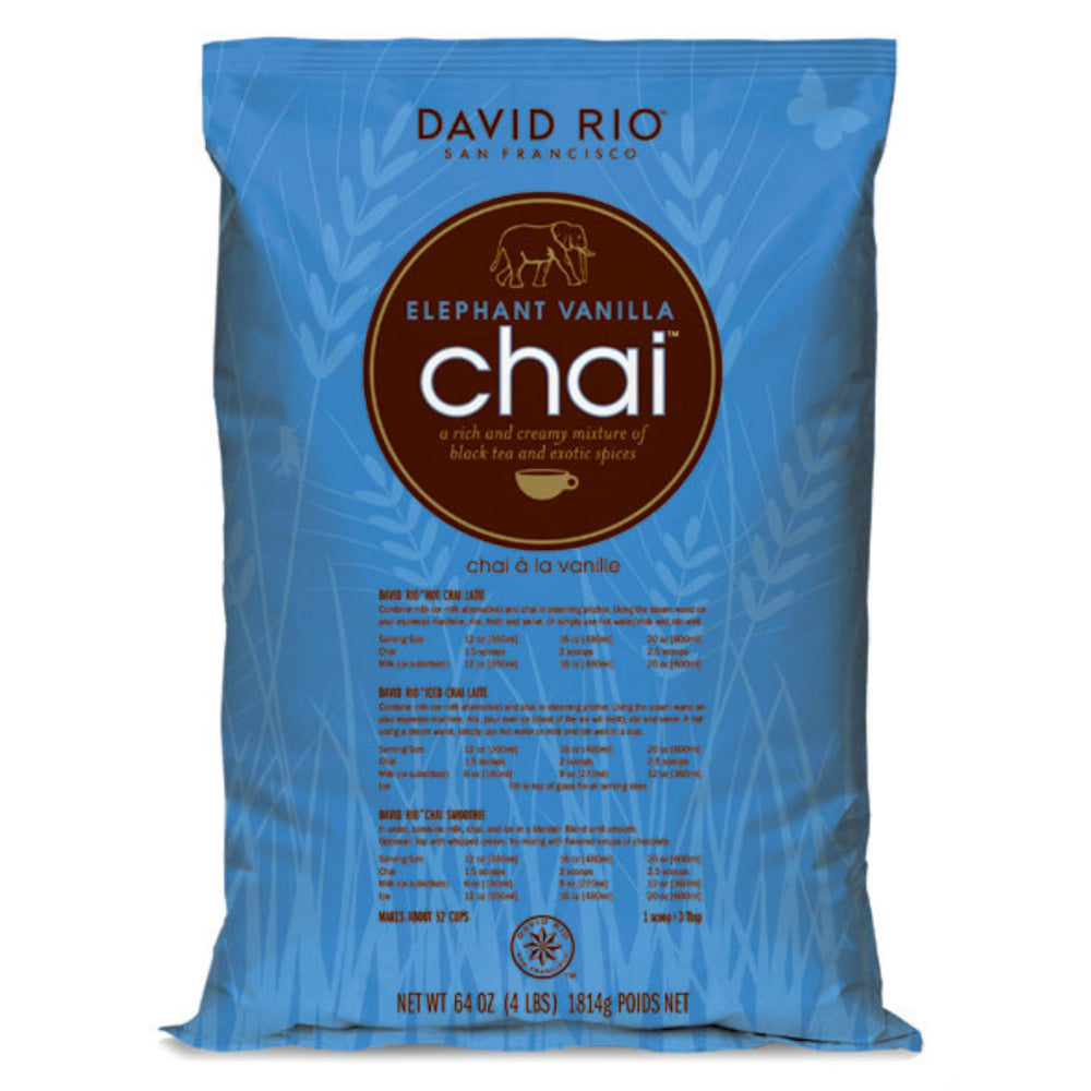 David Rio Elephant Vanilla Chai bottle-front, dairy-free blend ideal for hot or iced beverages.