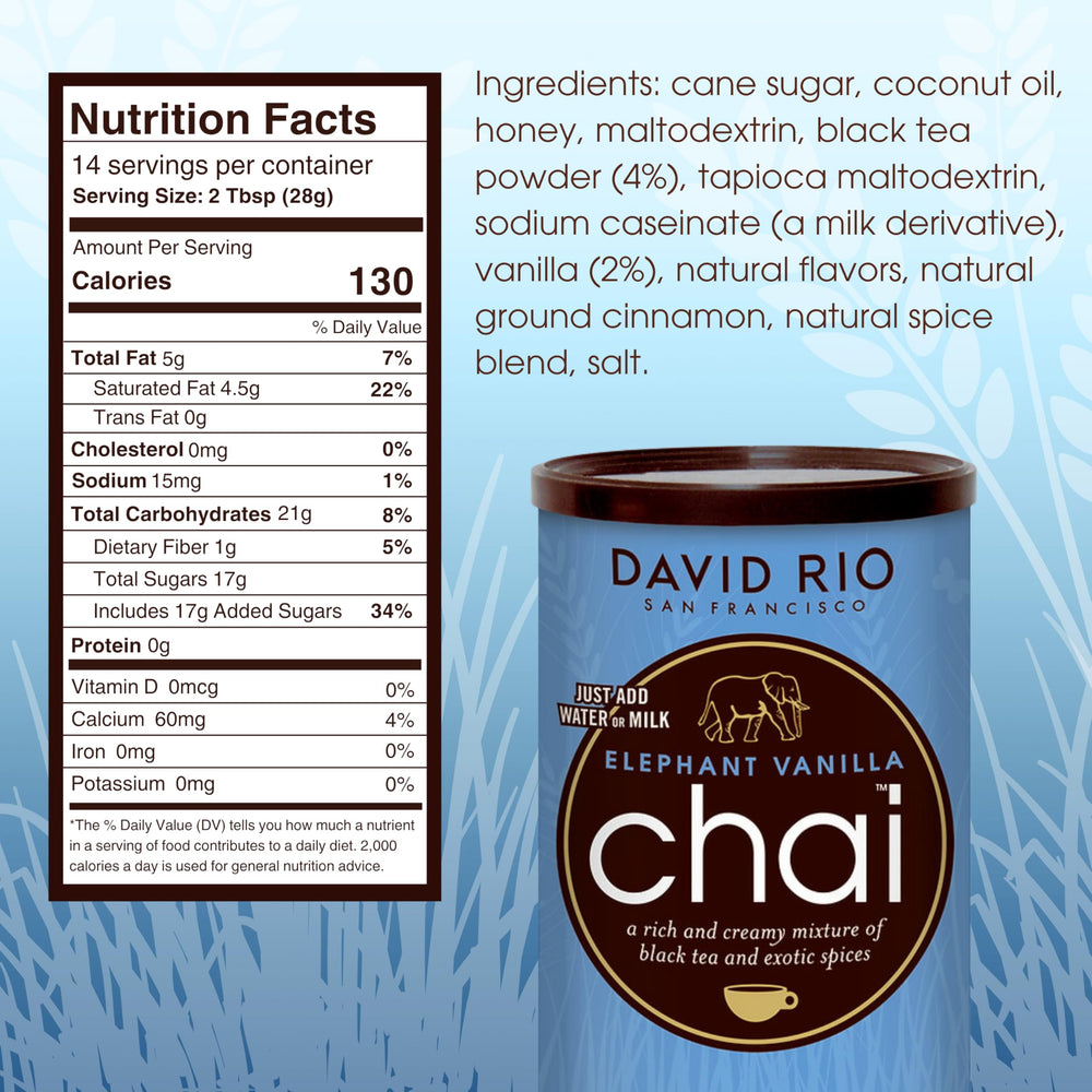 David Rio Elephant Vanilla Chai cup steaming shows creamy hot latte ready quickly