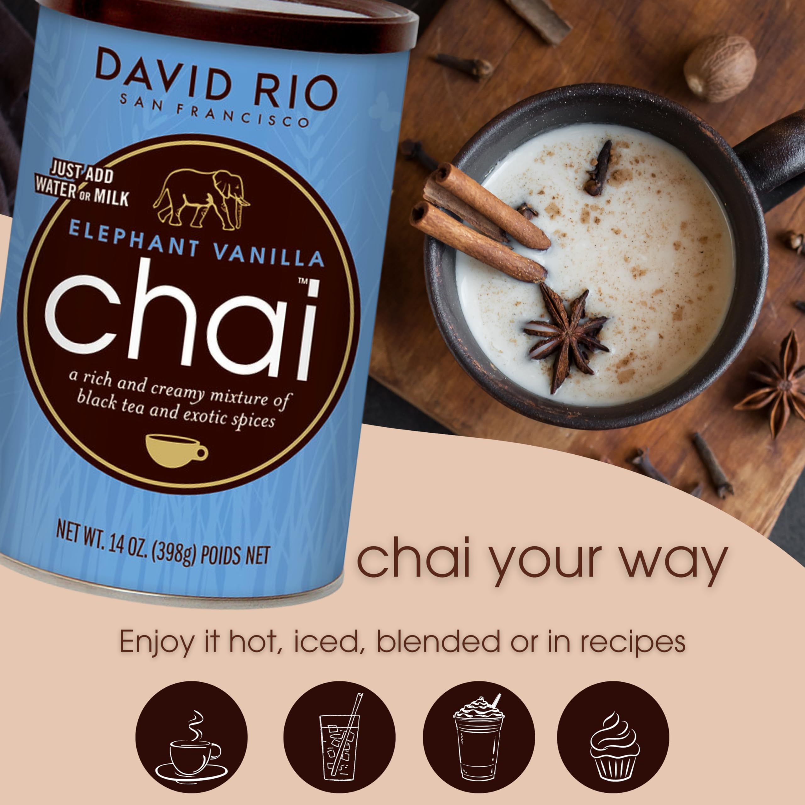 David Rio Elephant Vanilla Chai packaging-64oz emphasizes convenient dairy-free chai for food service.