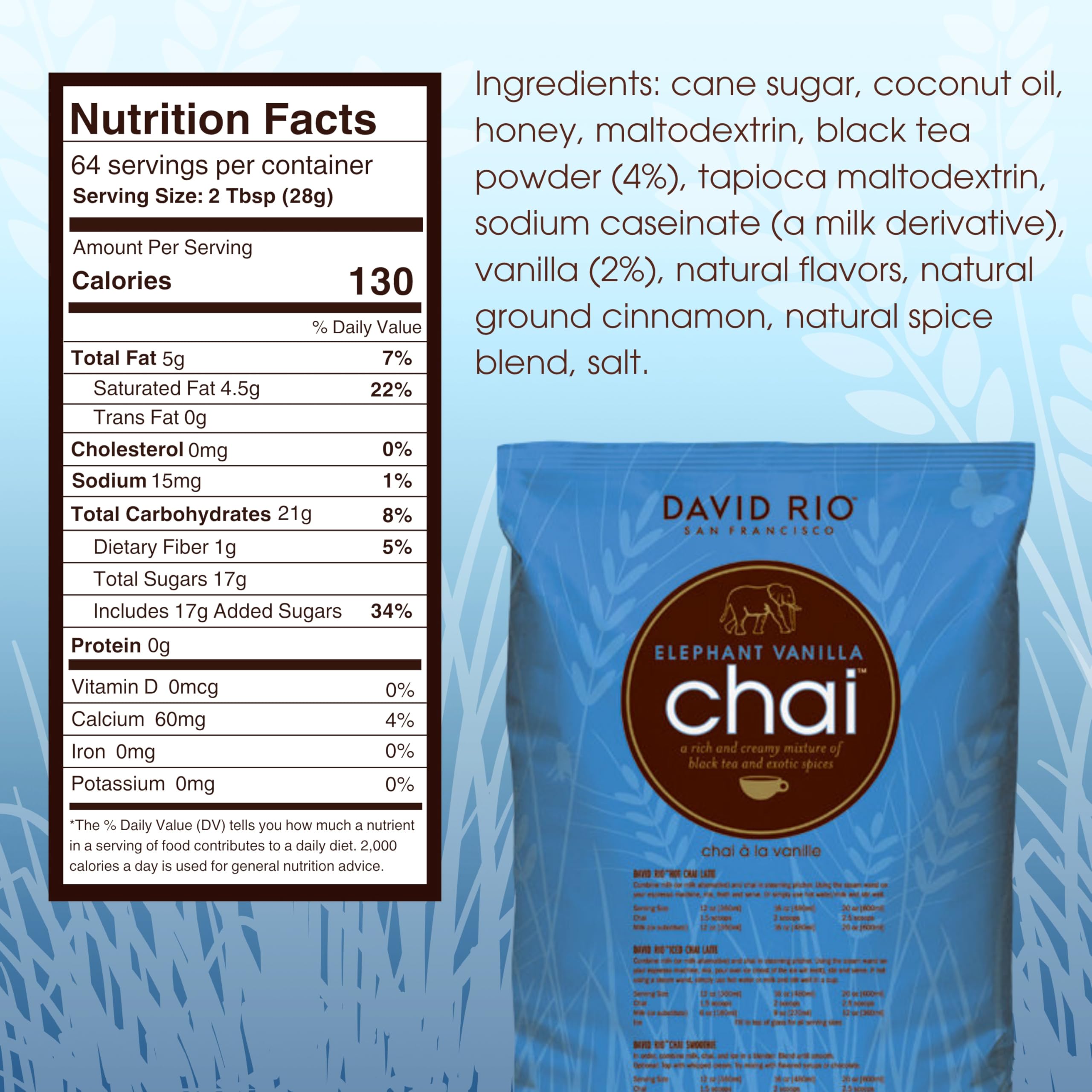 David Rio Elephant Vanilla Chai pour-cup, creamy latte potential for at-home or cafe use.
