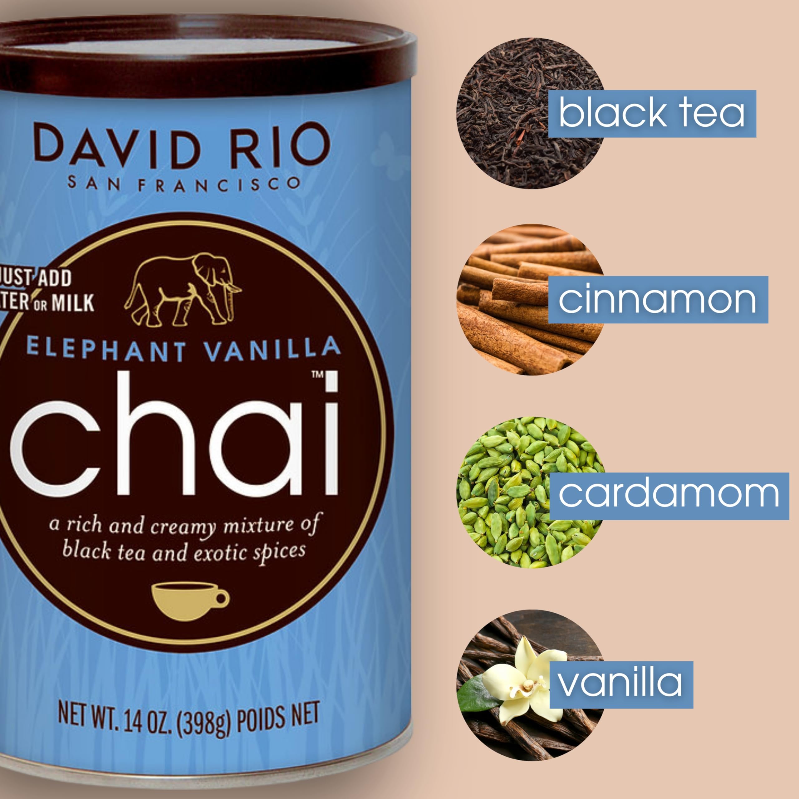 David Rio Elephant Vanilla Chai spice-blend highlights organic ingredients for rich aromatics.