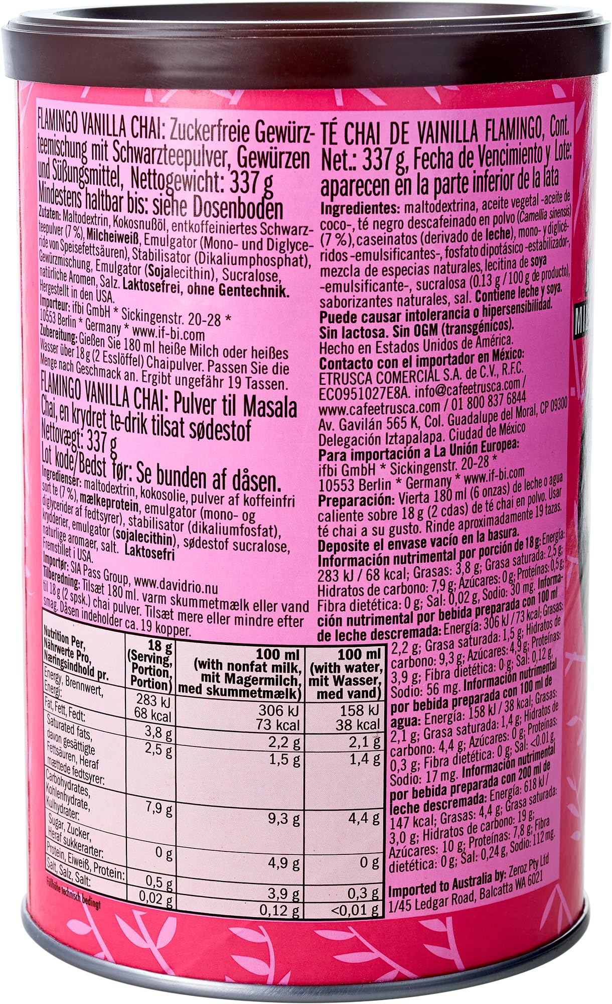 David Rio Flamingo Vanilla Chai container showing servings