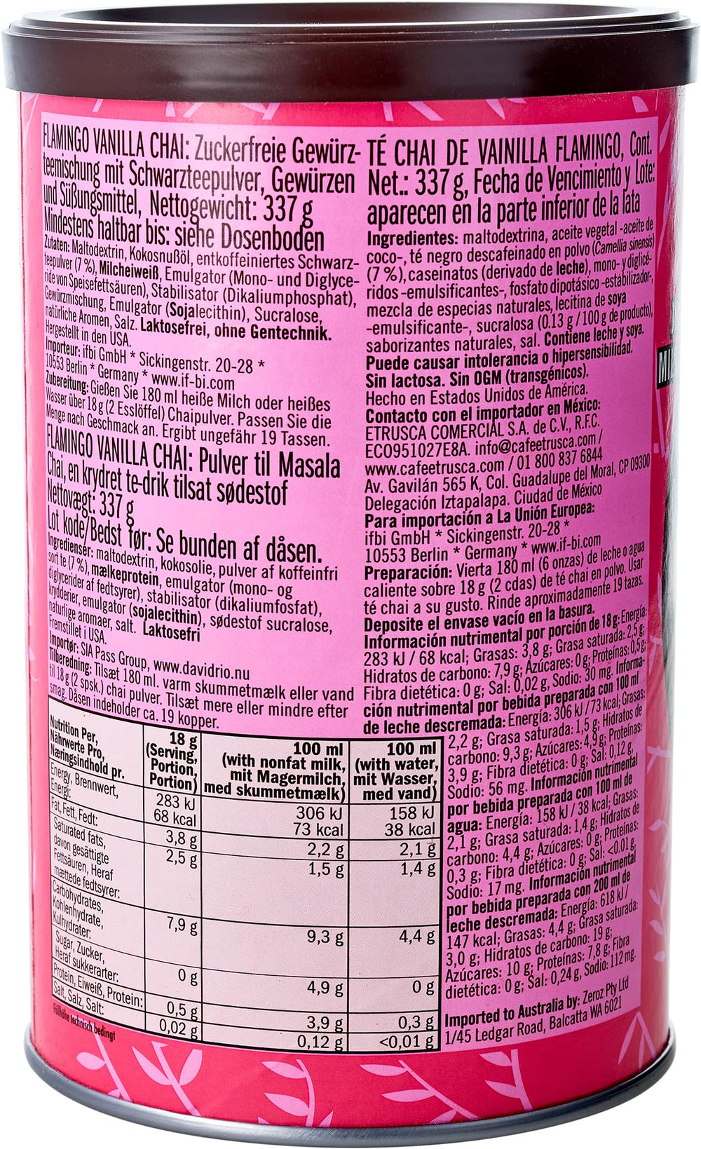 David Rio Flamingo Vanilla Chai container showing servings
