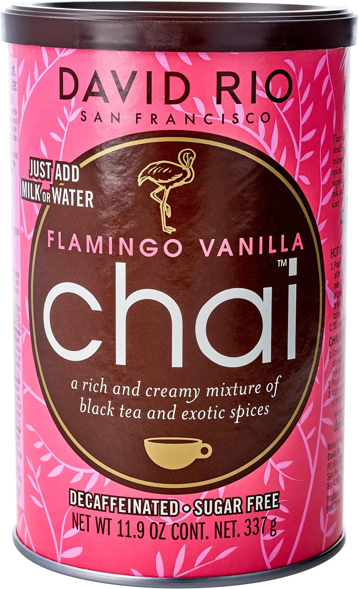 David Rio Flamingo Vanilla Chai cup steaming with rich vanilla spice aroma, cozy morning ritual