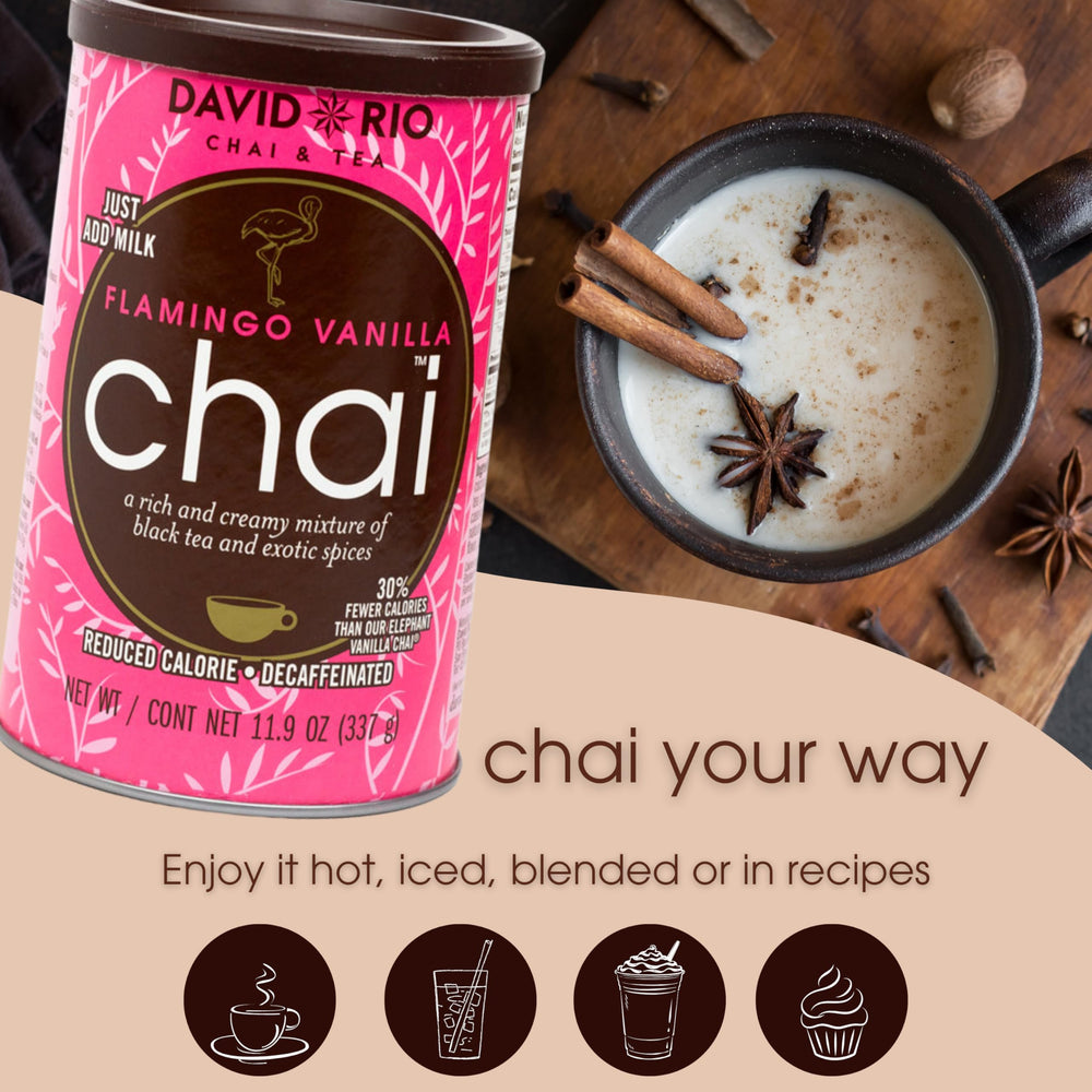 David Rio Flamingo Vanilla Chai Latte ice serving ideal for iced chai