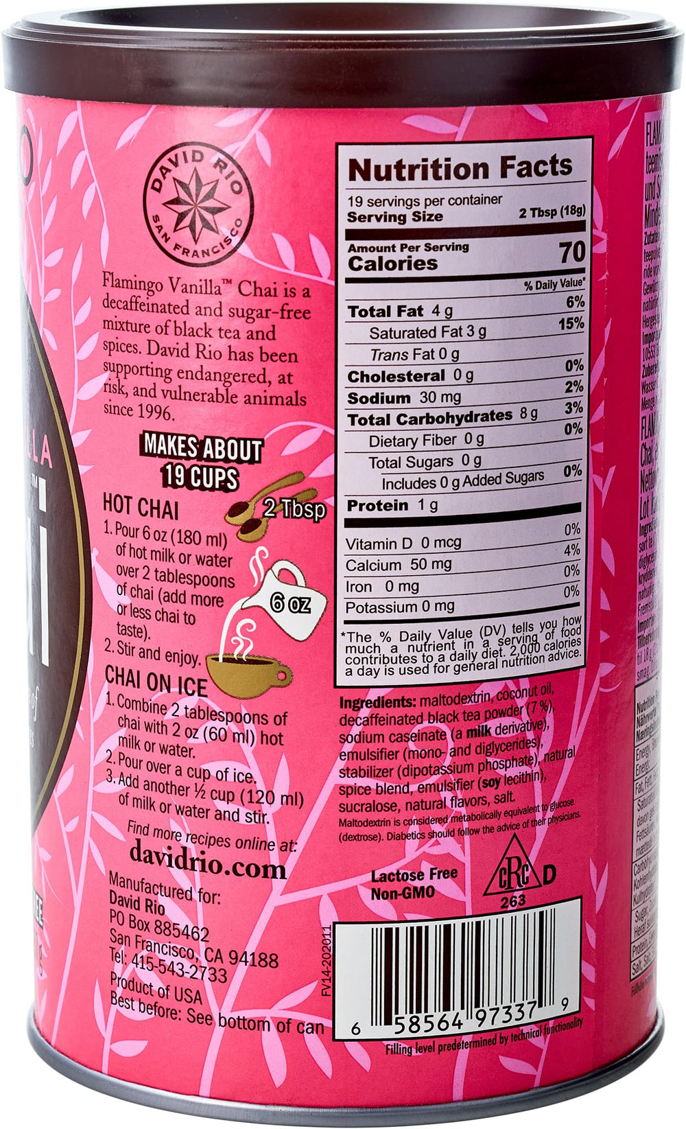 David Rio Flamingo Vanilla Chai mix with water for easy luxury