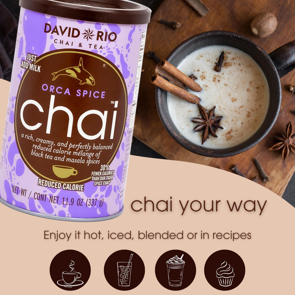 Dairy-free chai latte prepared with Orca Spice mix, hot cup ready to enjoy.